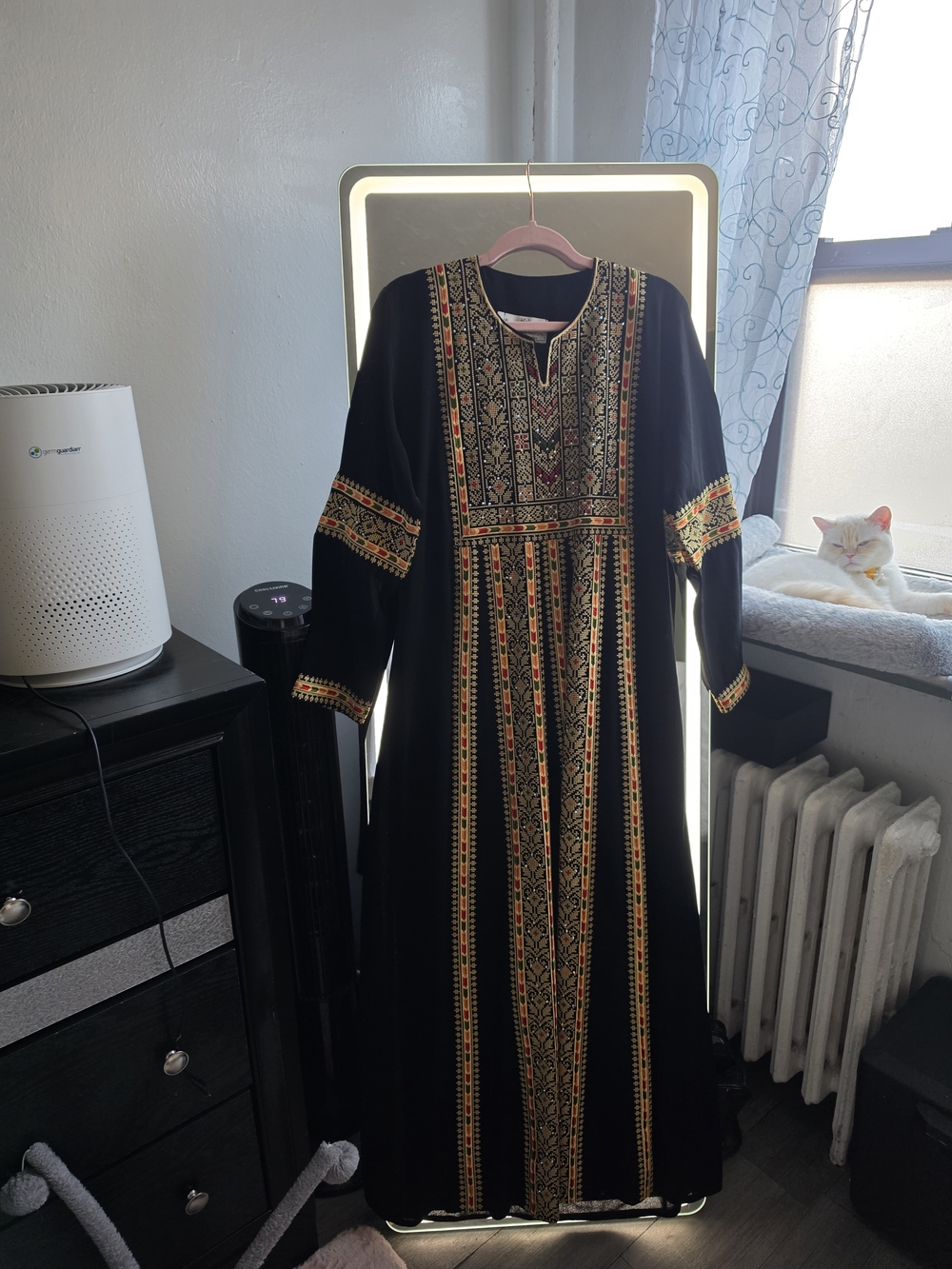 Embroidered Black Maxi Dress with Gold & Red Accents